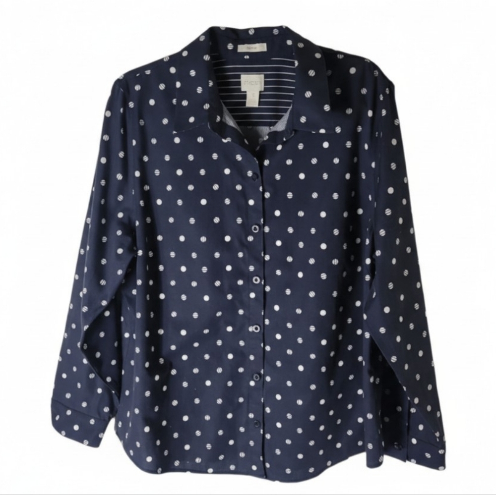Chico's polka dot button down top navy blue white 100% cotton women's 3 US XL 16